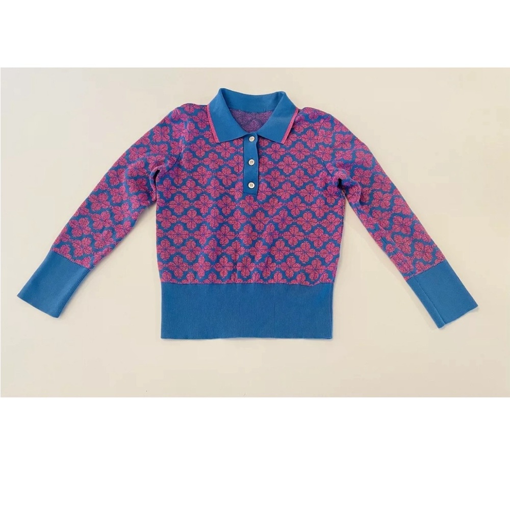 Kate Spade flower polo sweater no label, size XXS, Pink and Blue. Preowned